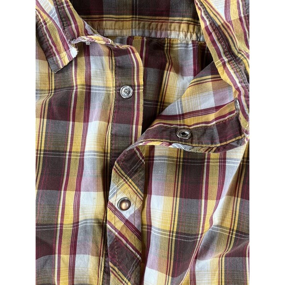Prana Shirt Men’s Large Short Sleeve Collar Brown Yellow Pearl Snap Button Front - Picture 5 of 6